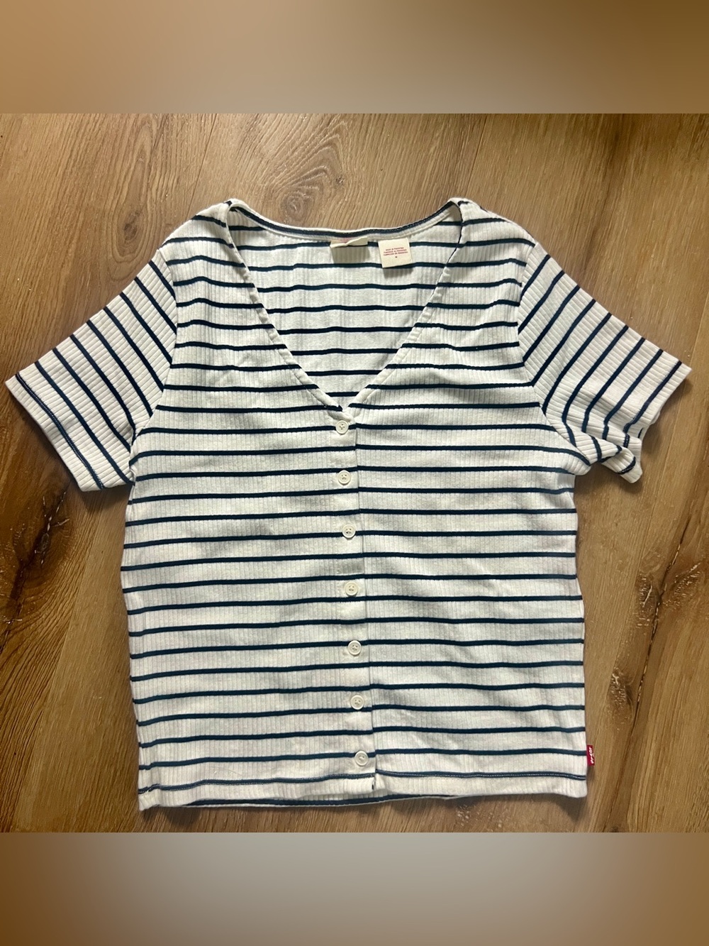 Levi's White and Navy Striped Button-Front V-Neck Top